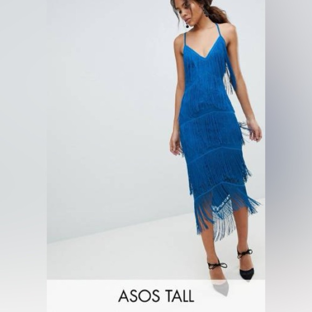 ASOS tall blue fringe lace dress